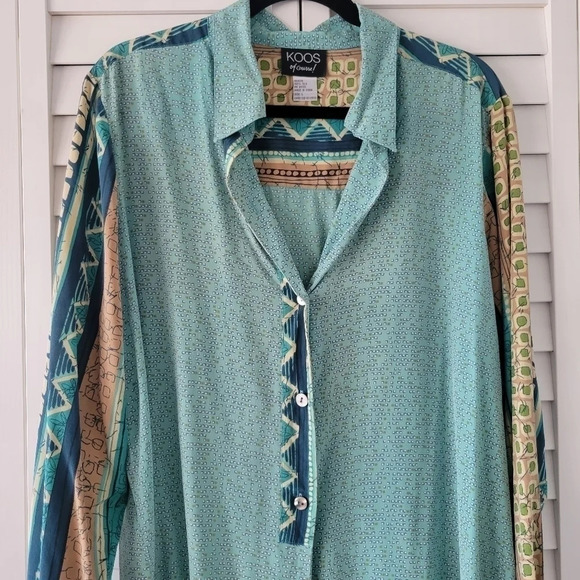 KOOS Blue Geo Print Vintage 100% Silk Button-up Long-Sleeve Tunic Shirt Size L - Picture 5 of 11